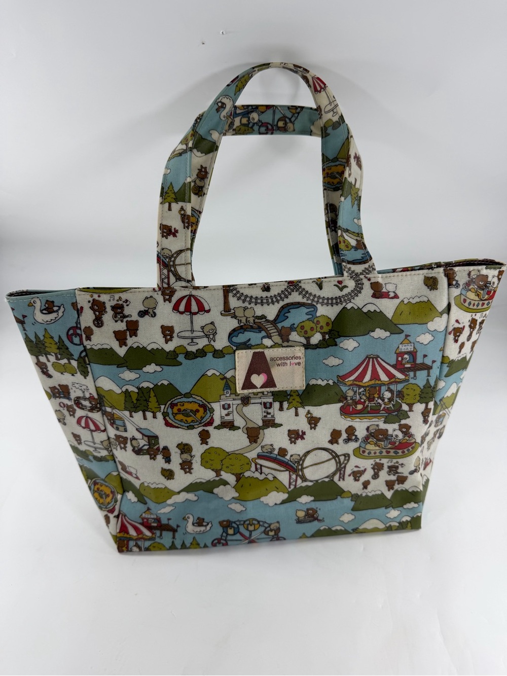 Kawaii Amusement Park Bear Print Laminated Cotton Zip Tote Bag Accessories Love
